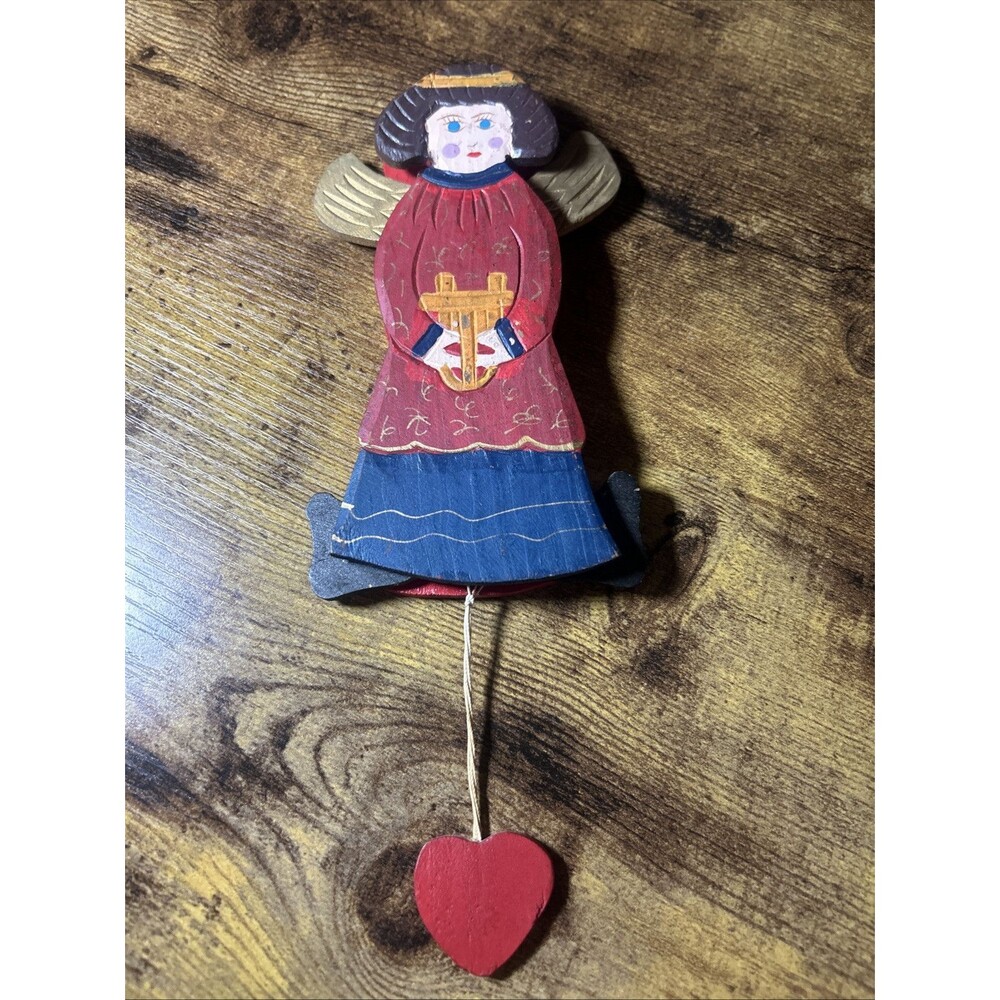 Angel Wooden Christmas Vintage Ornament W/ Harp Heart String Wings Brown Hair - Picture 5 of 10